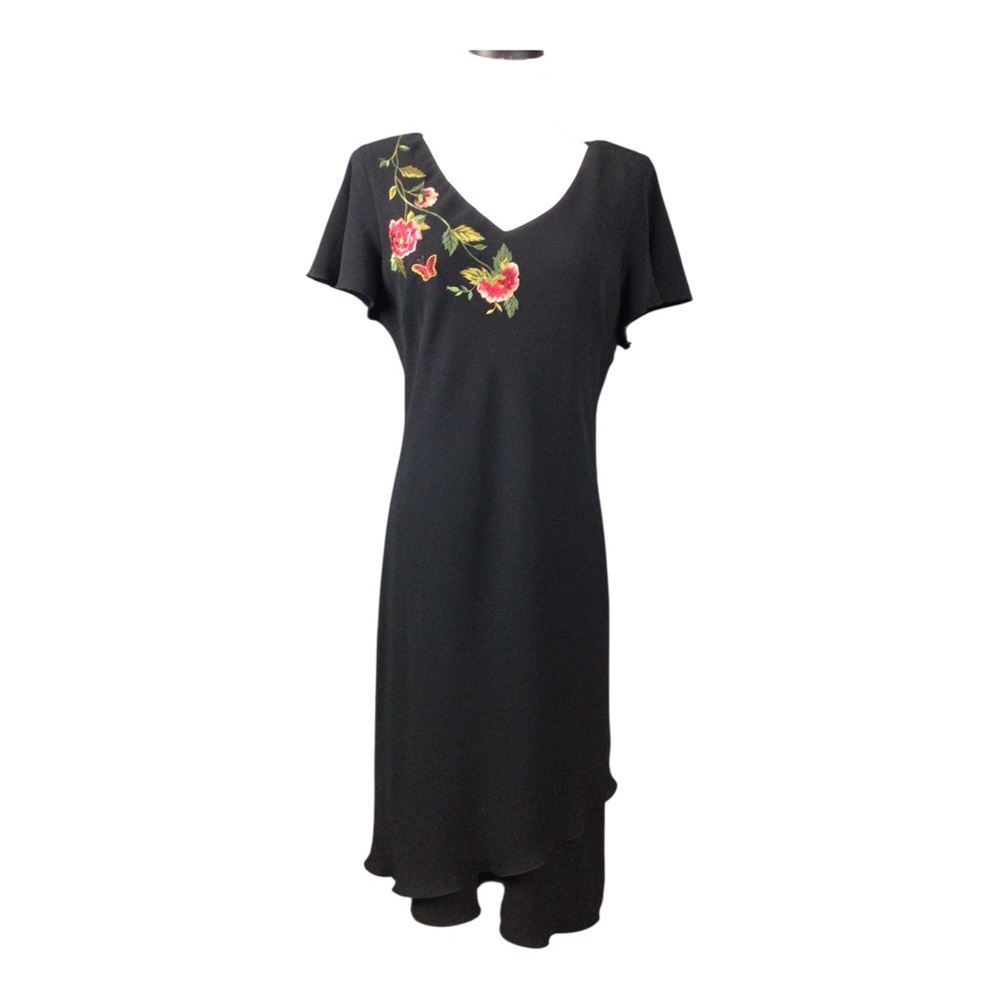 Vintage S.L.Fashion Black Floral Embroidered Accent V-Neck Women’s Dress 14 READ